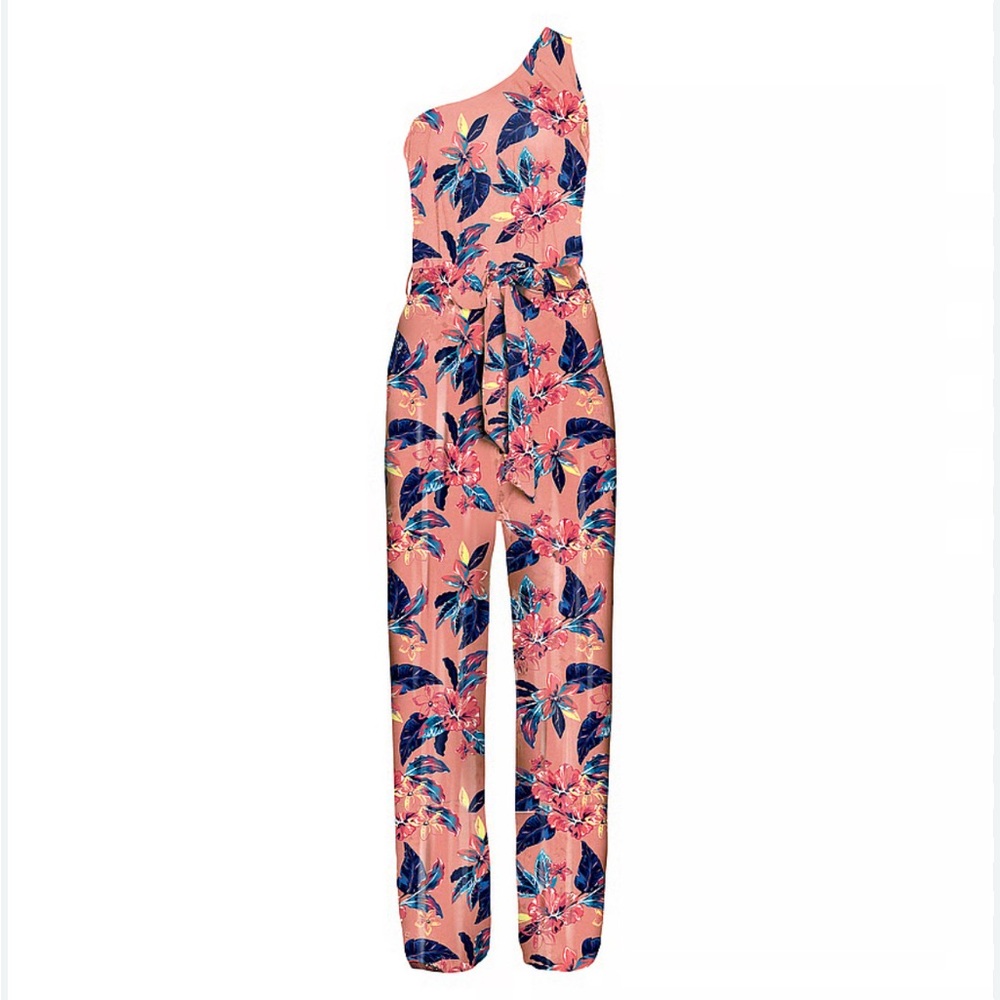 Lascana Tropical One-Shoulder Jumpsuit in Pink Resort Wear - Picture 3 of 9